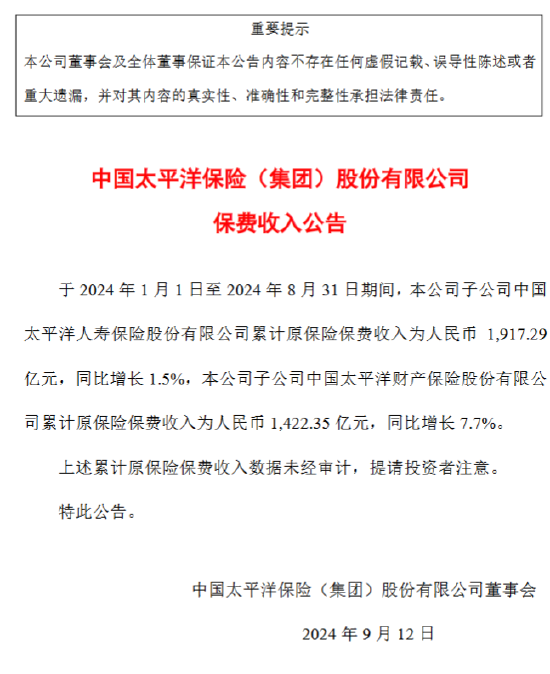 中国太保：前8月太保寿险原保险保费收入1917.29亿元 同比增长1.5%