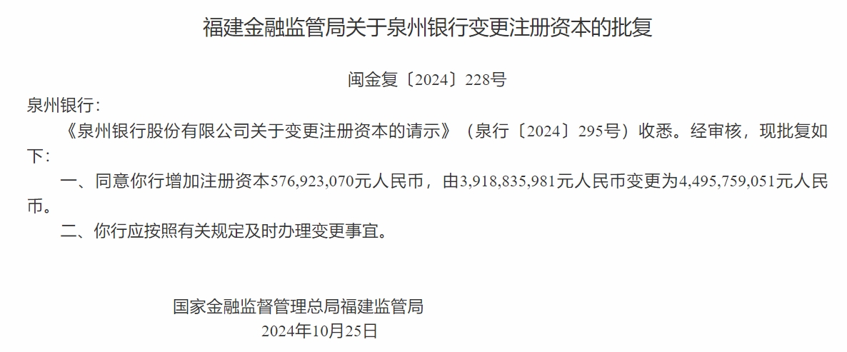 泉州银行：注册资本增至44.96亿元 泉州交通发展集团股权增持至6.92%  第2张